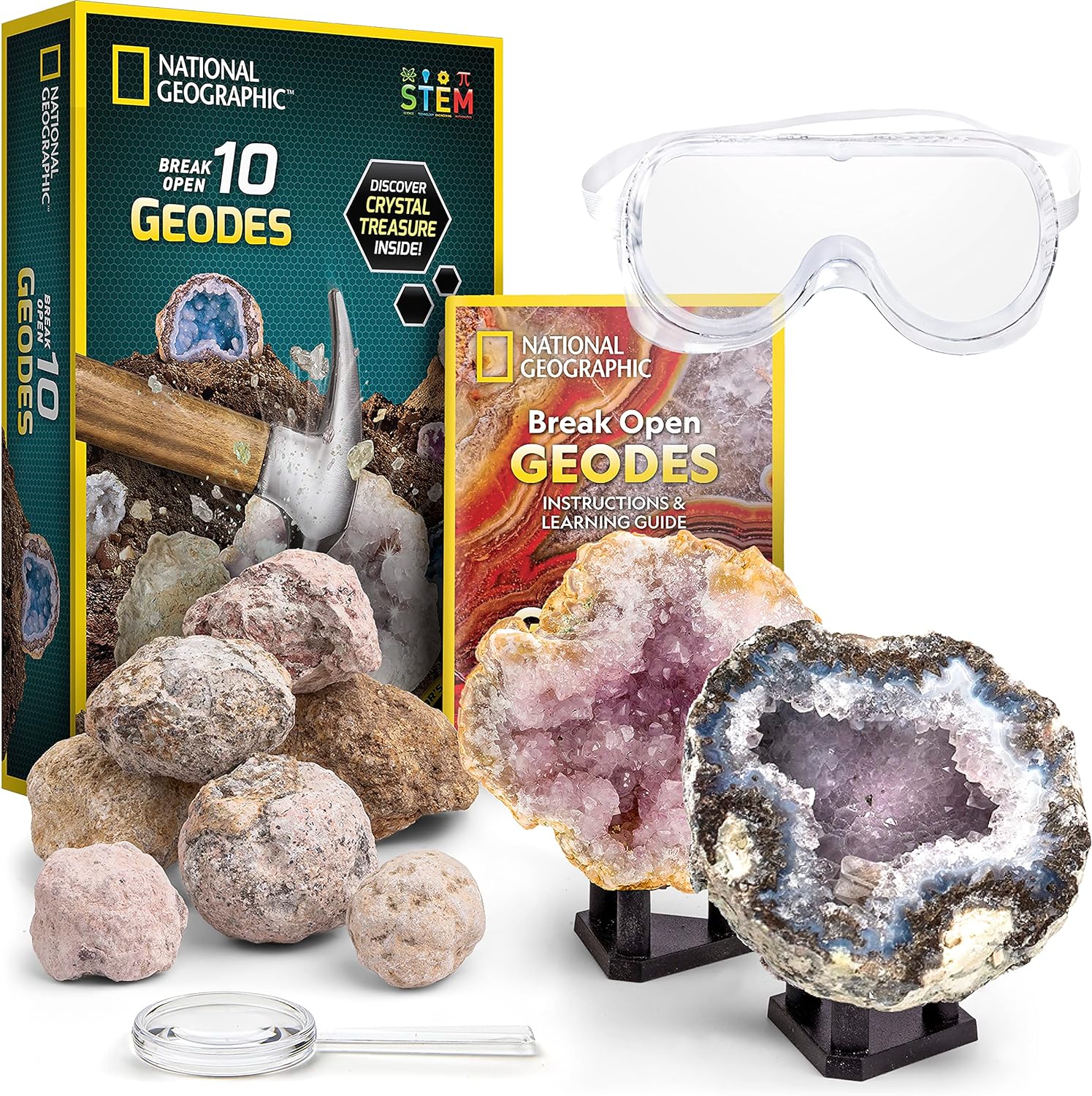 NATIONAL GEOGRAPHIC Break Open 10 Premium Geodes – Includes Goggles and Display...