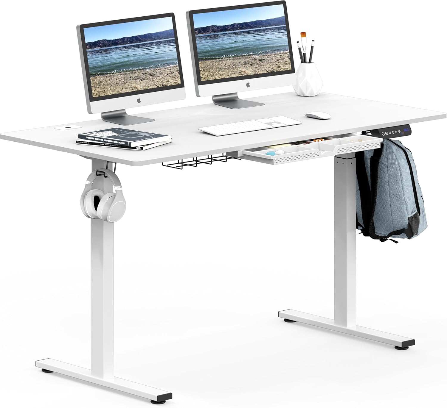 SHW Electric Height Adjustable Standing Desk with Hanging Hooks and Cable Manage...