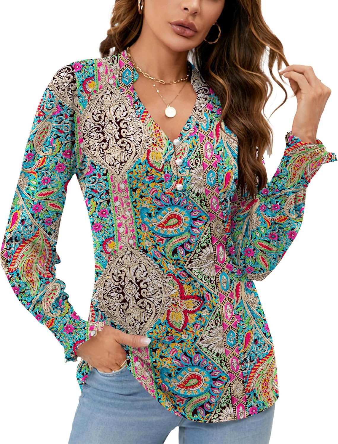 Rapbin Womens V Neck Puff Long Sleeve Button Down Tunic Blouses Fall Tops 2024 R...