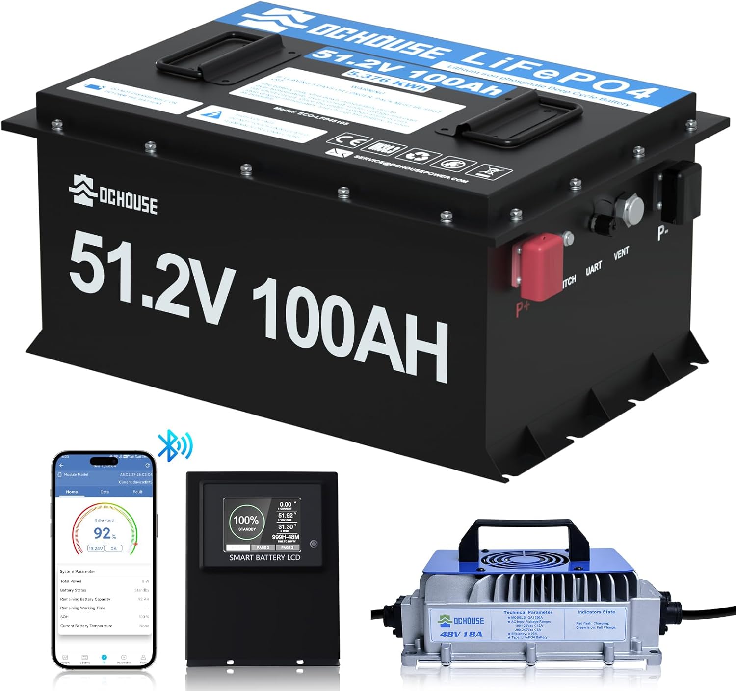 DC HOUSE 48V 100Ah LiFePO4 Golf Cart Battery with 18A Charger Bluetooth Monitor,...