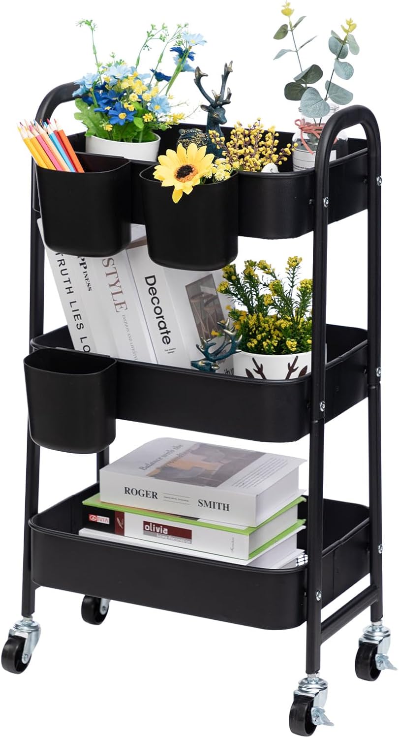 DOEWORKS 3-Tier Storage Cart Rolling Kitchen Trolley Cart, Metal Utility Shelves...