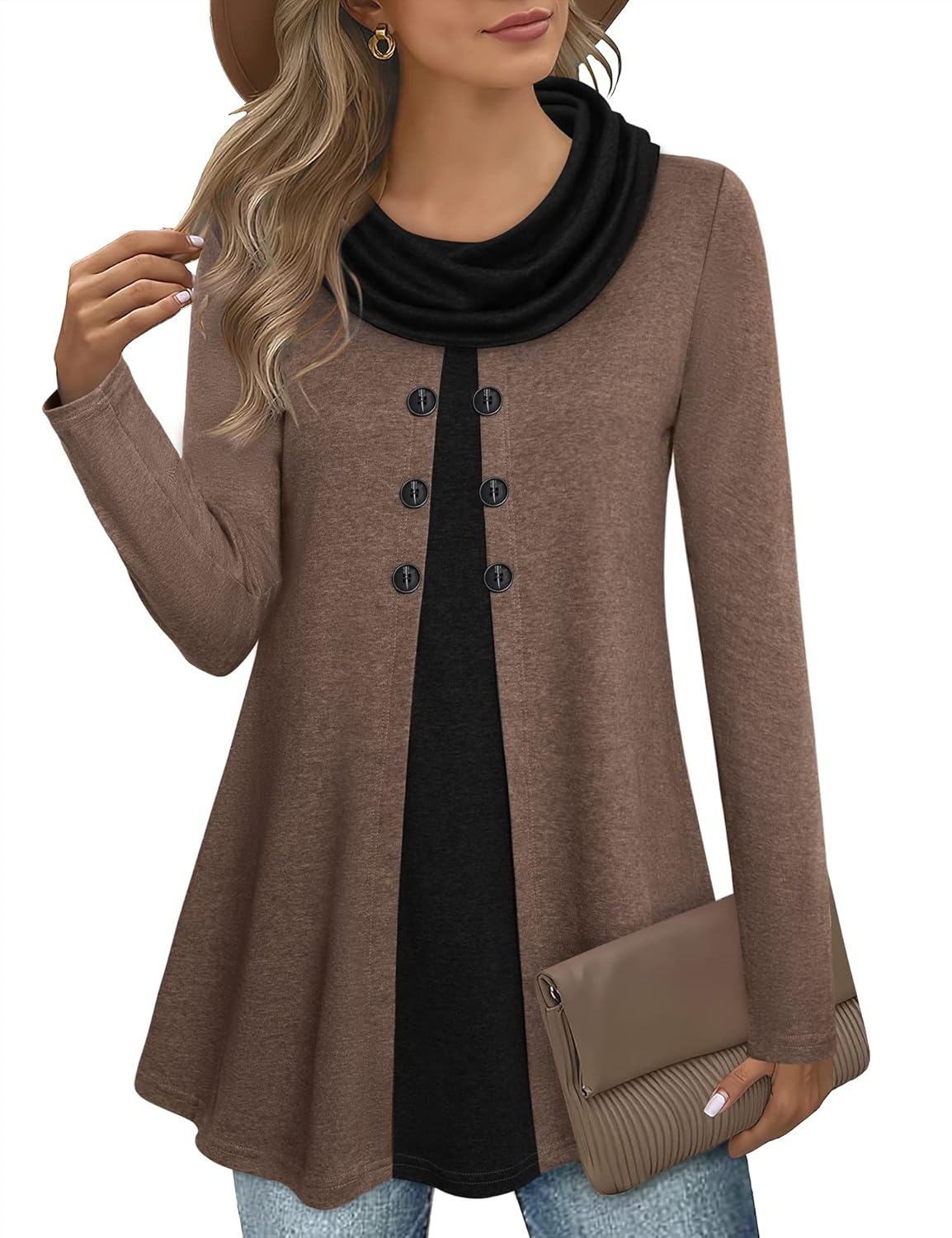 Bebonnie Womens Long Sleeve Cowl Neck Warm Splicing Tunic Tops with Buttons Coff...