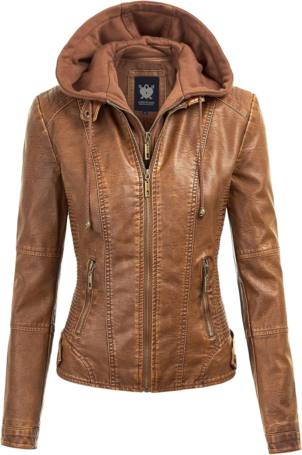 Lock and Love Women's Removable Hooded Faux Leather Jacket Moto Biker Coat Mediu...