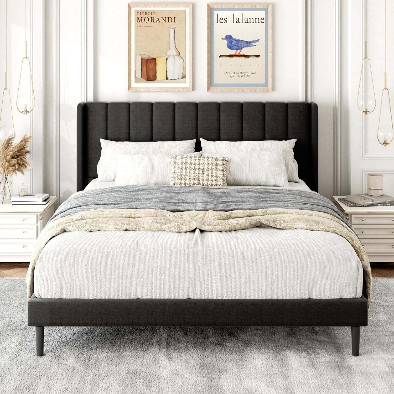 Queen Size Bed Frame with Upholstered Wingback Headboard, Easy Assemnly Platform...