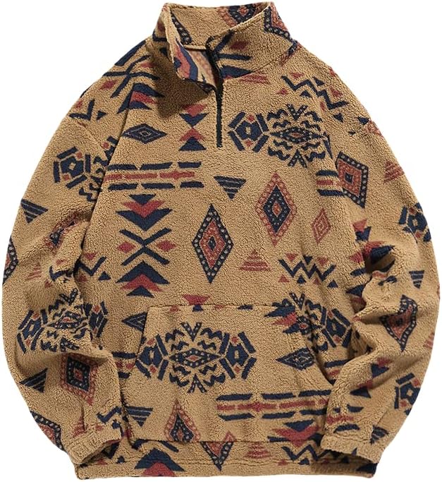 ZAFUL Mens 1/4 Zipper Fleece Sherpa Pullover Sweatshirt Ethnic Aztec Printed Kan...