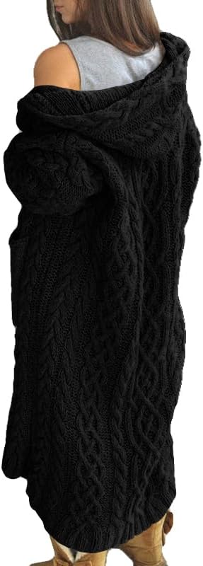 NIUBIA Womens Casual Long Sleeve Open Cardigan Warm Hooded Outwear Coat Cable Kn...