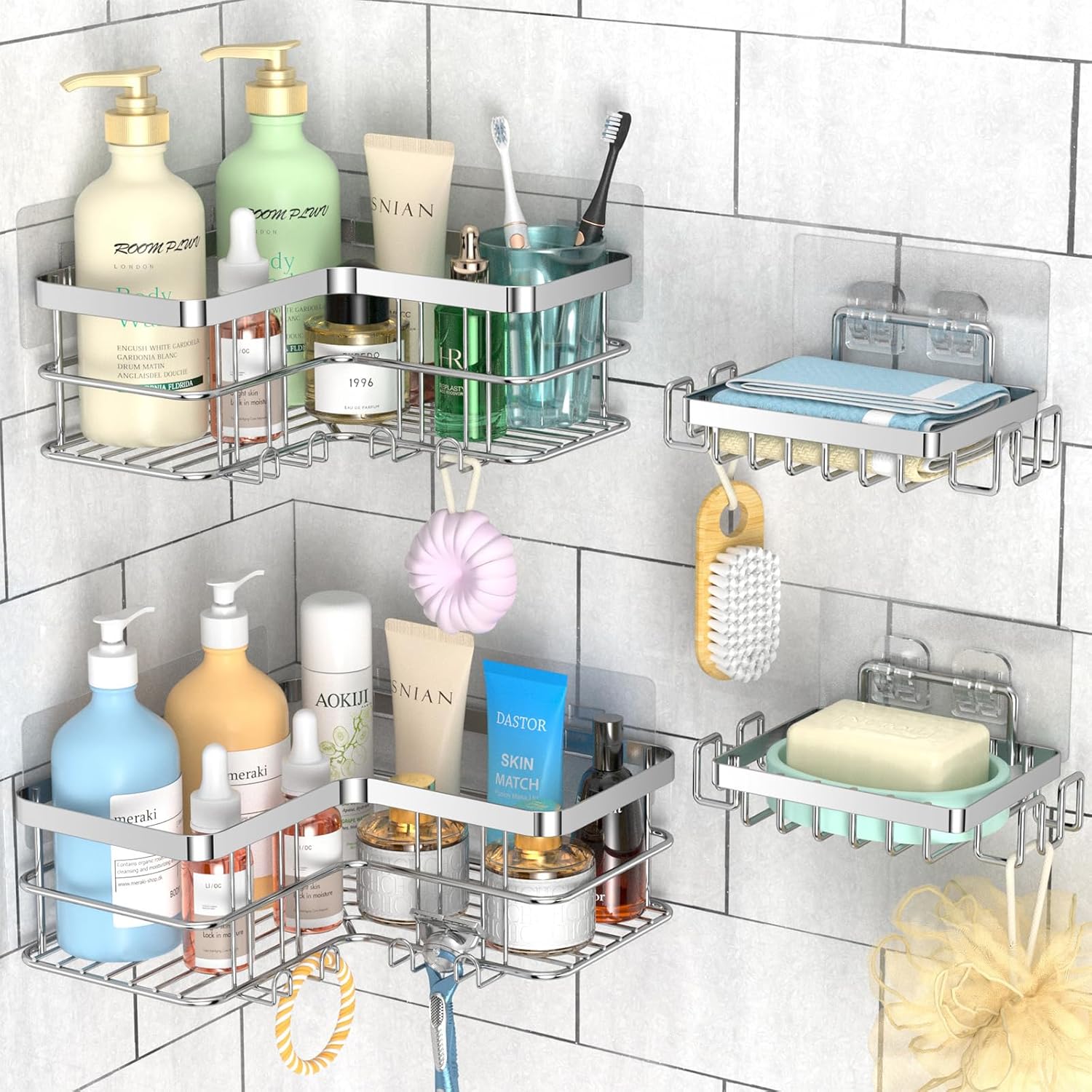 Yazoni Corner Shower Caddy 4-Pack, Adhesive Shower Shelves with Soap Holder No D...