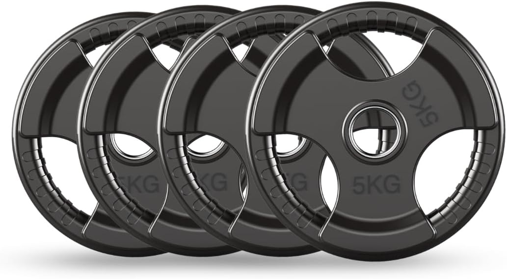PhysKcal Olympic Weight Plates with Rubber Finish 2’’ Opening and Tri-Grips, Bla...
