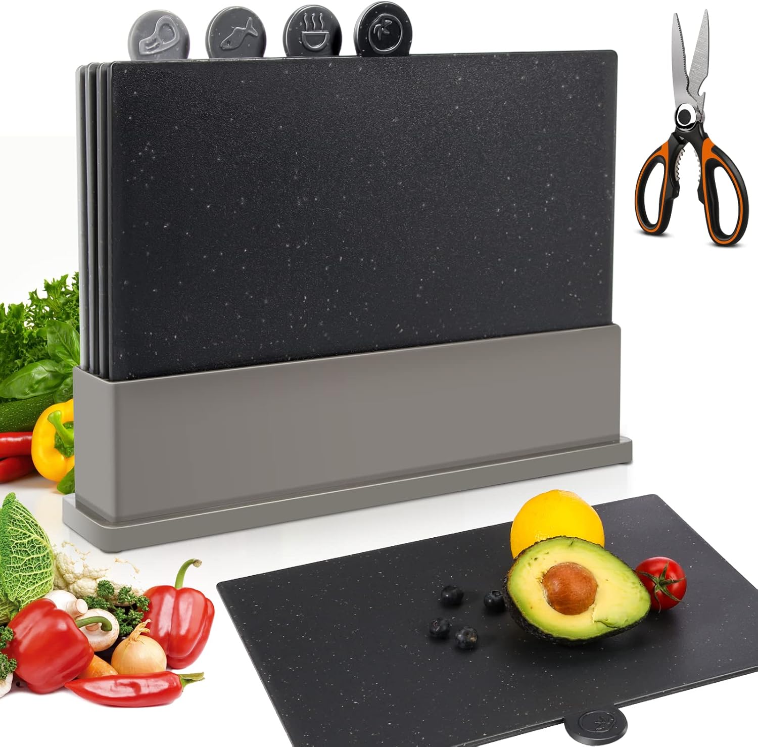 MASTERTOP Index Chopping Board Set, Plastic Chopping Boards with Storage Stand,...