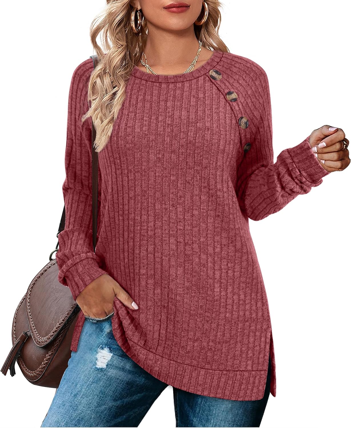 Aokosor Long Sleeve Tops Women Lightweight Jumpers Ladies Button Side Splits Tun...