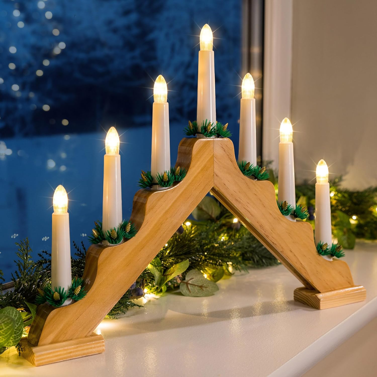 CHRISTOW Christmas Candle Bridge Window Light Wood Arch Warm White LED Mains Pow...