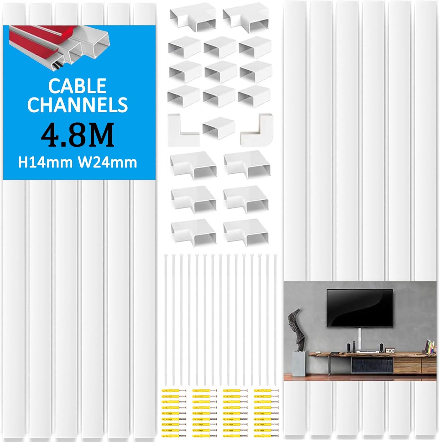 Flow fire White Cable Trunking Wire Cover for Wall, 4.8 Meter Self-Adhesive Cabl...