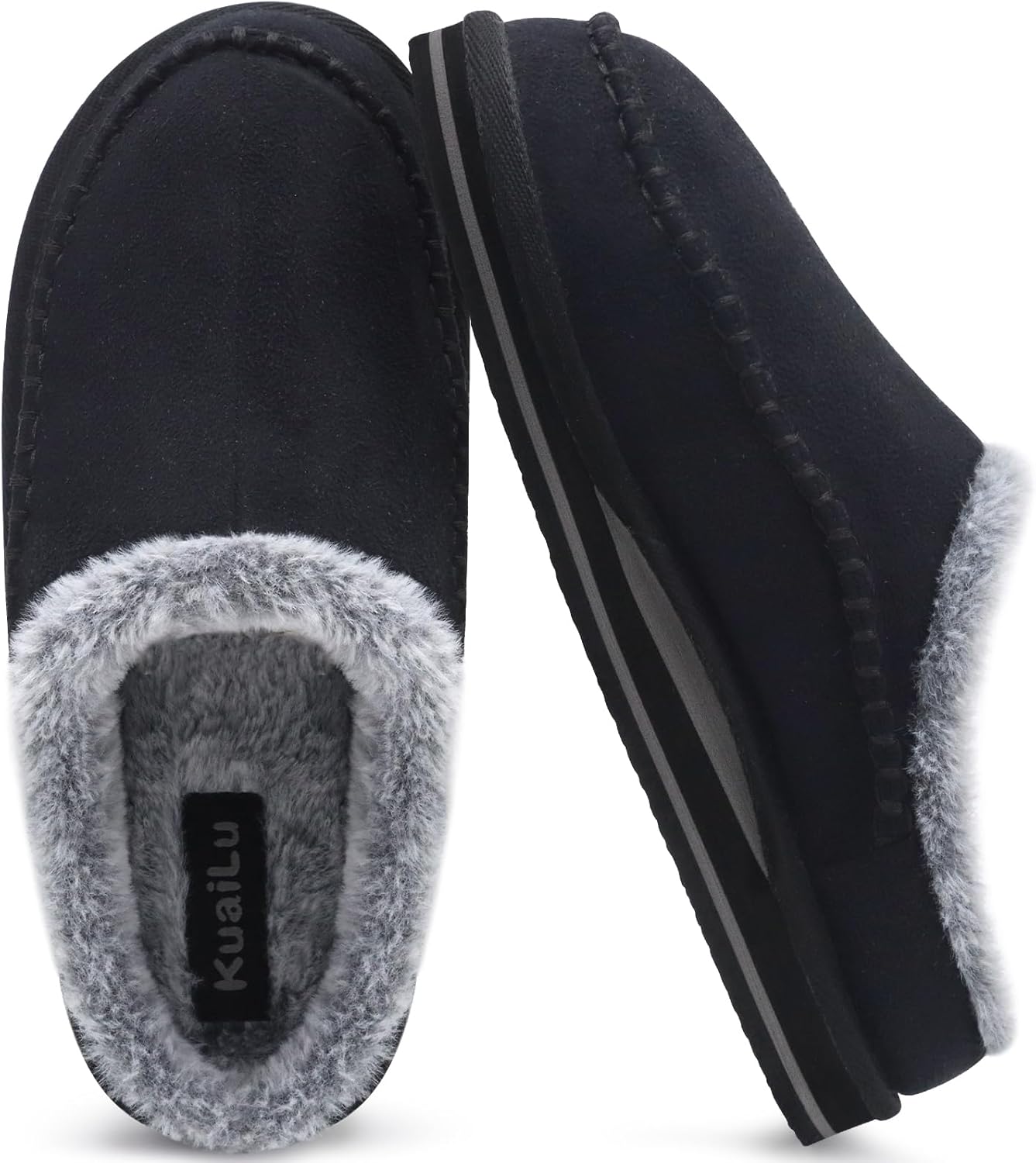 KuaiLu Mens Momery Foam Clog Slippers Comfy Handmade Stitch Microsuede Slip-on H...
