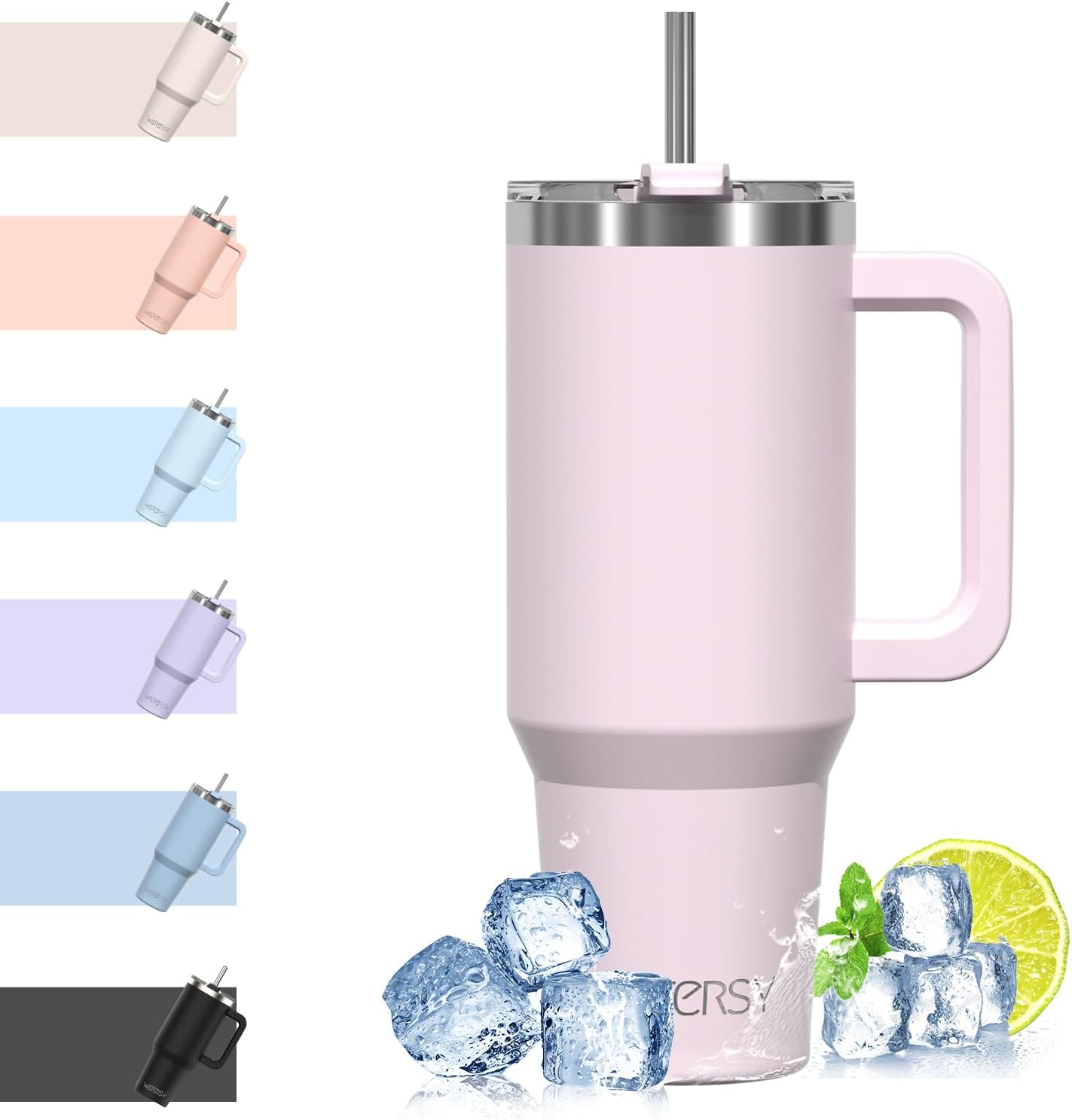 WATERSY Travel Mug Coffee Cup 40oz Tumbler Straw Lid and Handle, Stainless Steel...