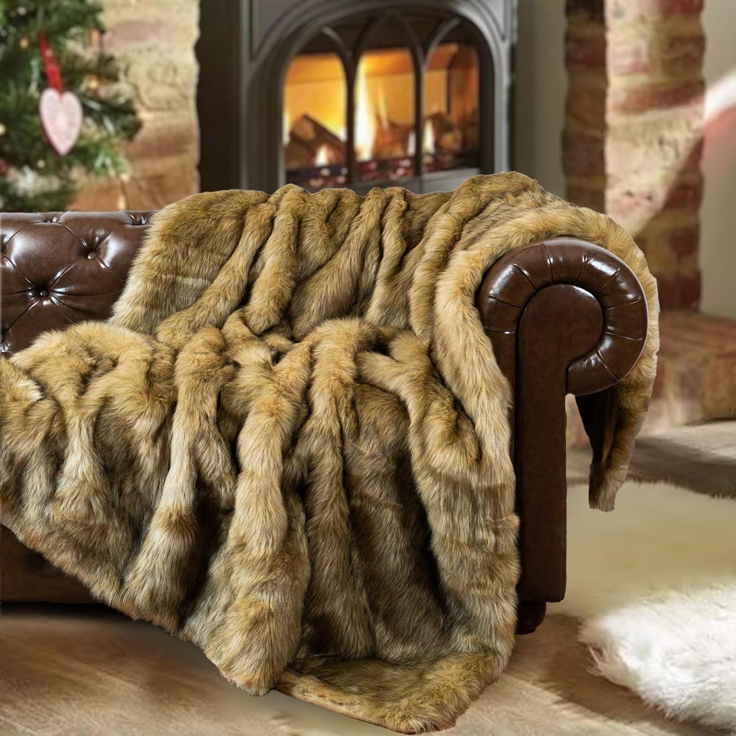 BATTILO HOME Faux Fur Throw Blanket Large Ochre 150x200cm Luxury Fuzzy Warm Cozy...