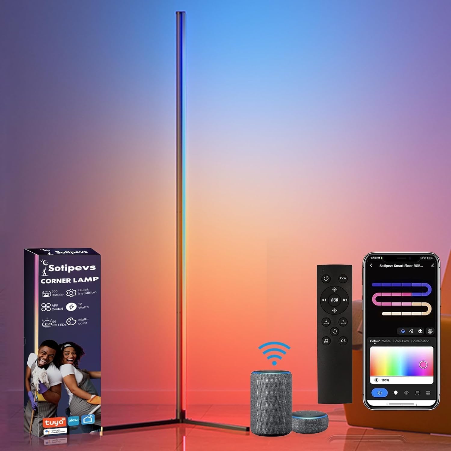 LED Floor Lamp, 155cm RGB Corner Floor Lamp Works with Alexa, 16 Million Colour...