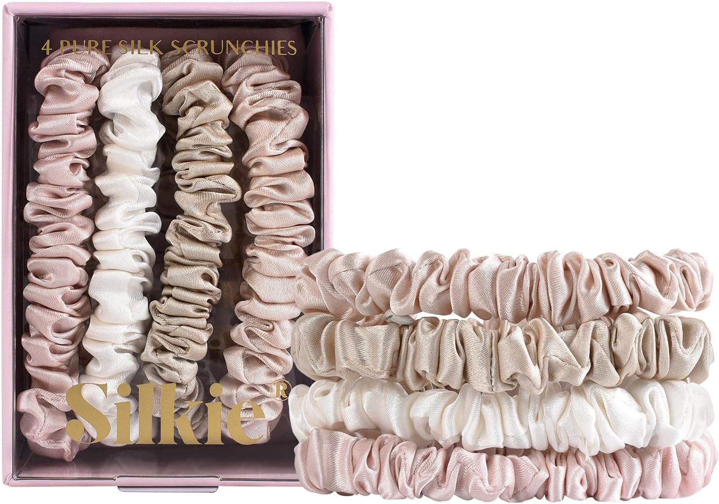 SILKIE x4 Set 100% Pure Mulberry Silk Nude Pink Neutral Skinny Scrunchies Travel...