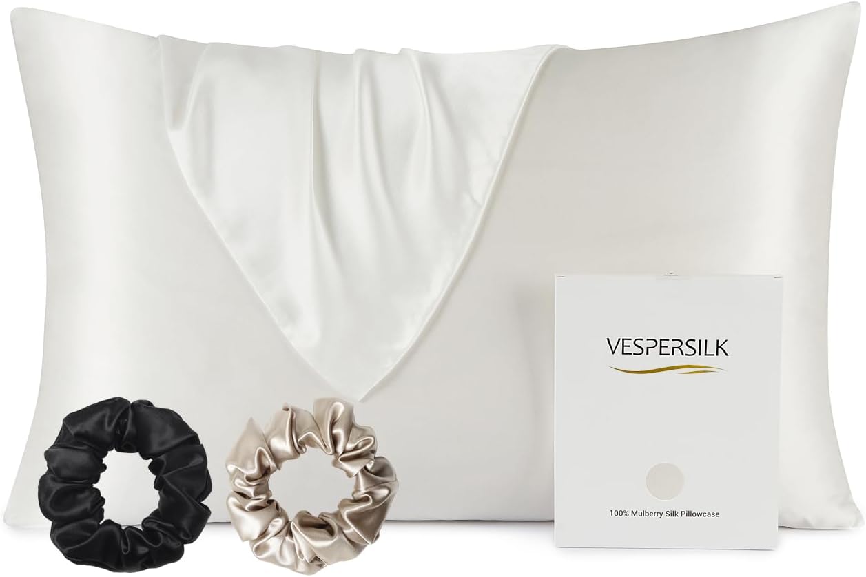 Vespersilk 100% Mulberry Silk Pillowcase & 2 Scrunchies Set for Hair and Skin He...