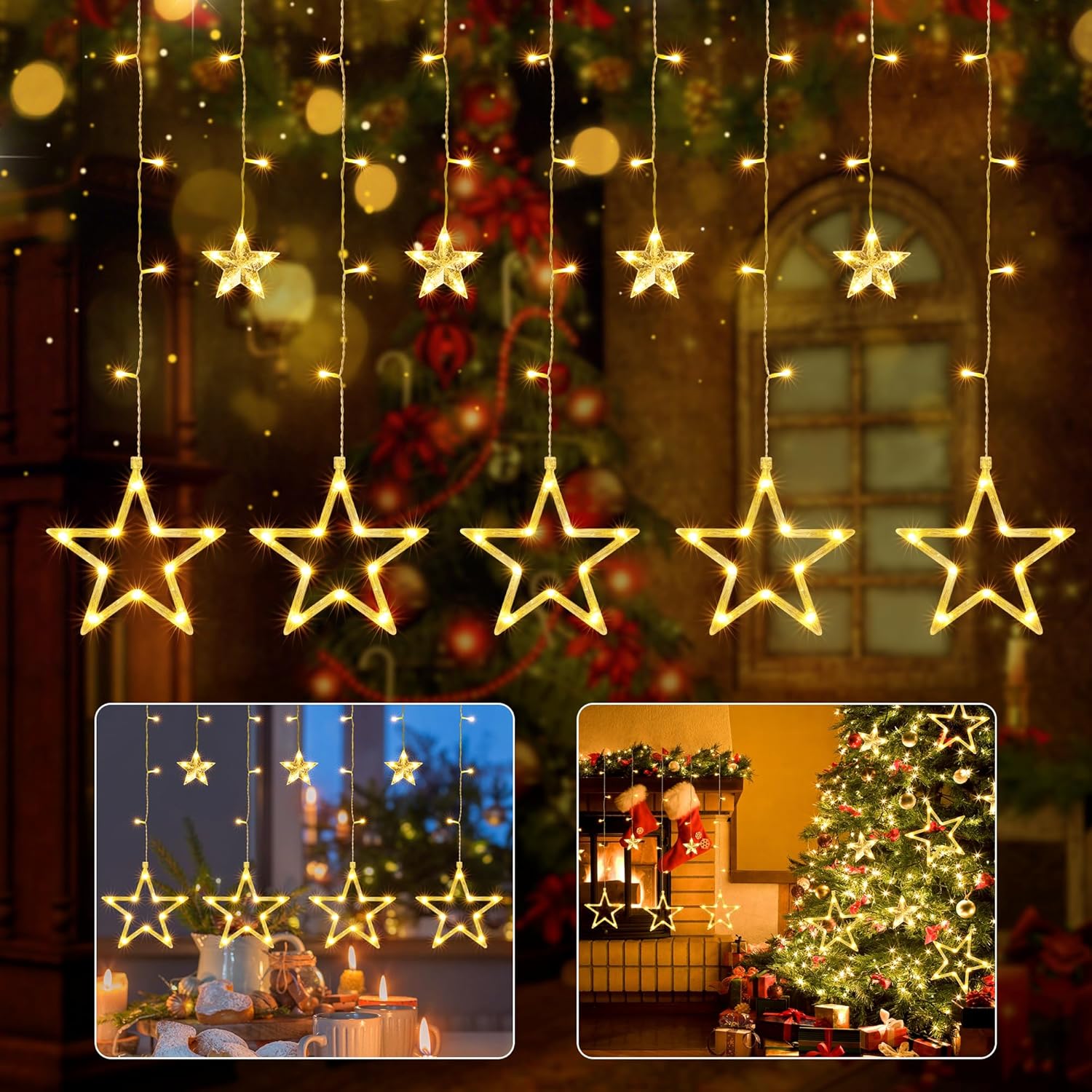 iShabao Christmas Star Curtain Lights, 138 LED Curtain Fairy Lights with 12 Star...