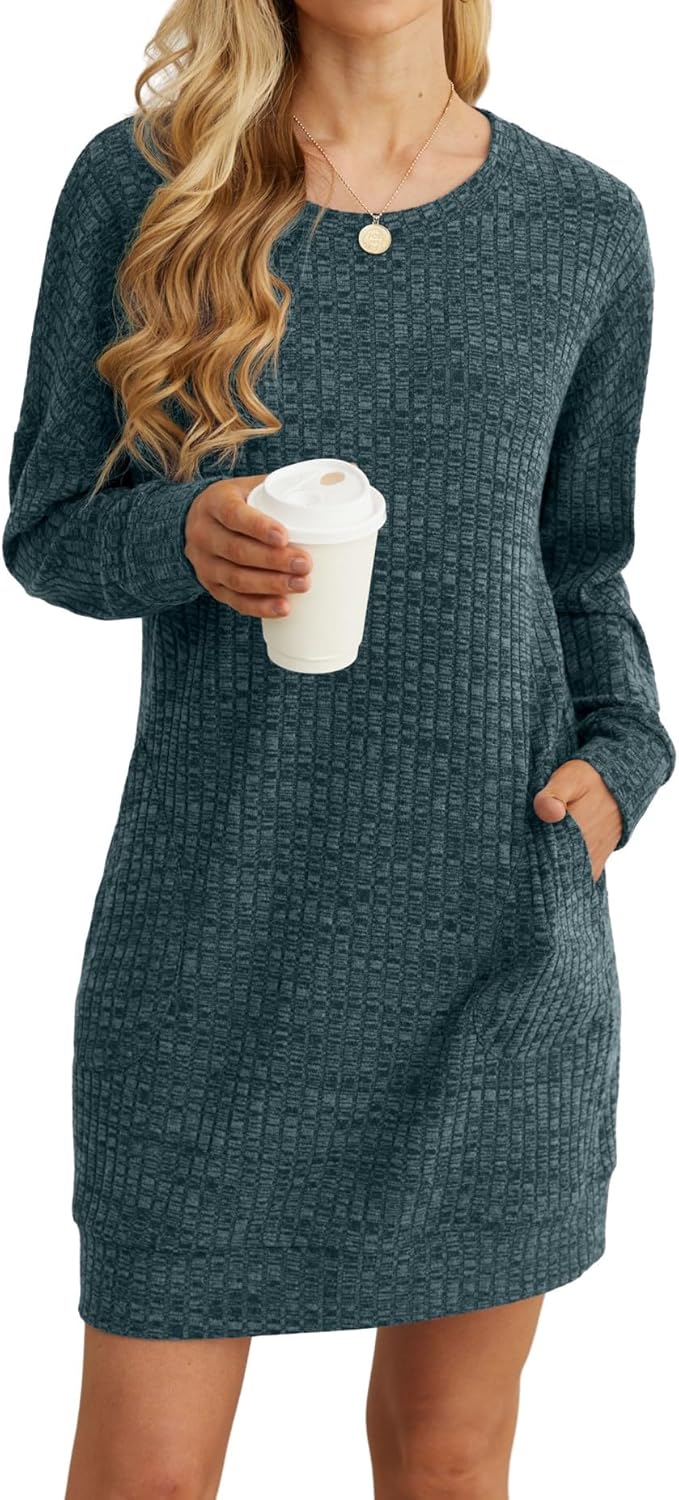 PrinStory Women Jumper Dress Long Sleeve Winter Dresses Casual Loose Mini Dresse...