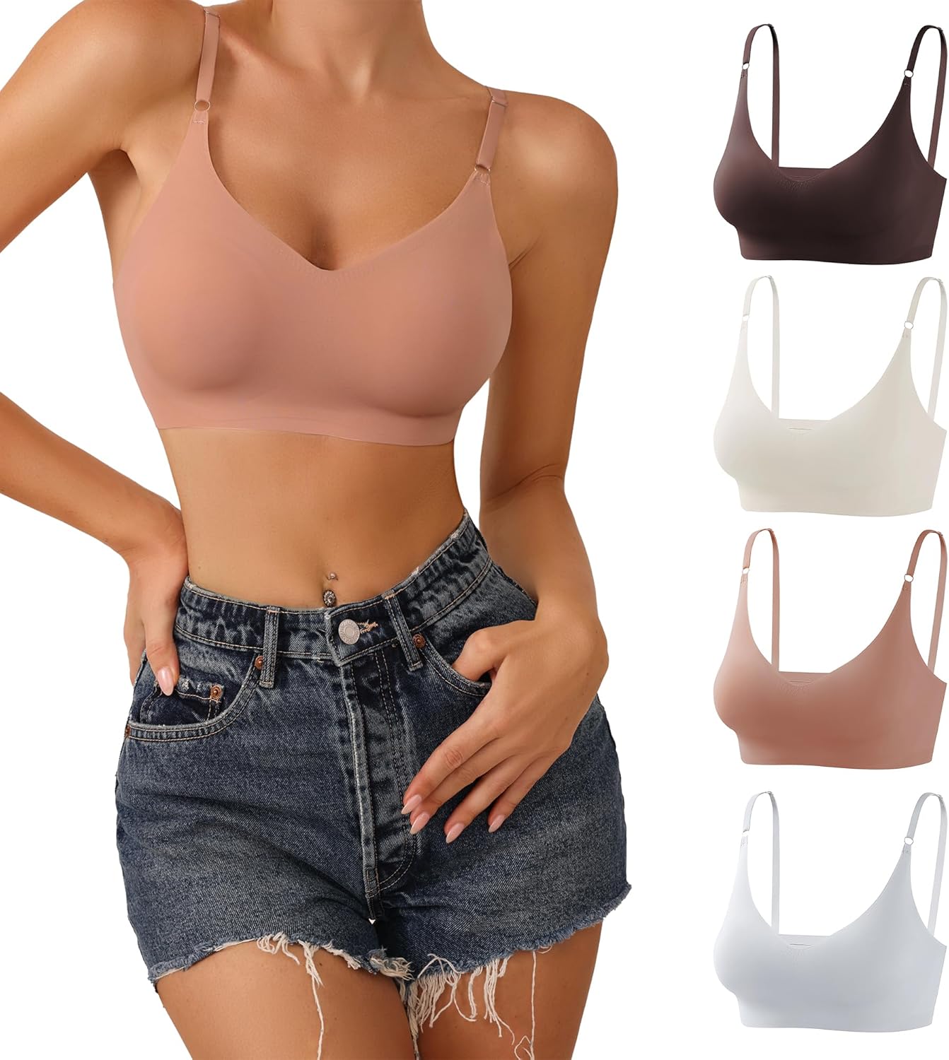 DEANGELMON V Neck Bra Padded Seamless Adjustable Straps Bralettes Everyday Basic...