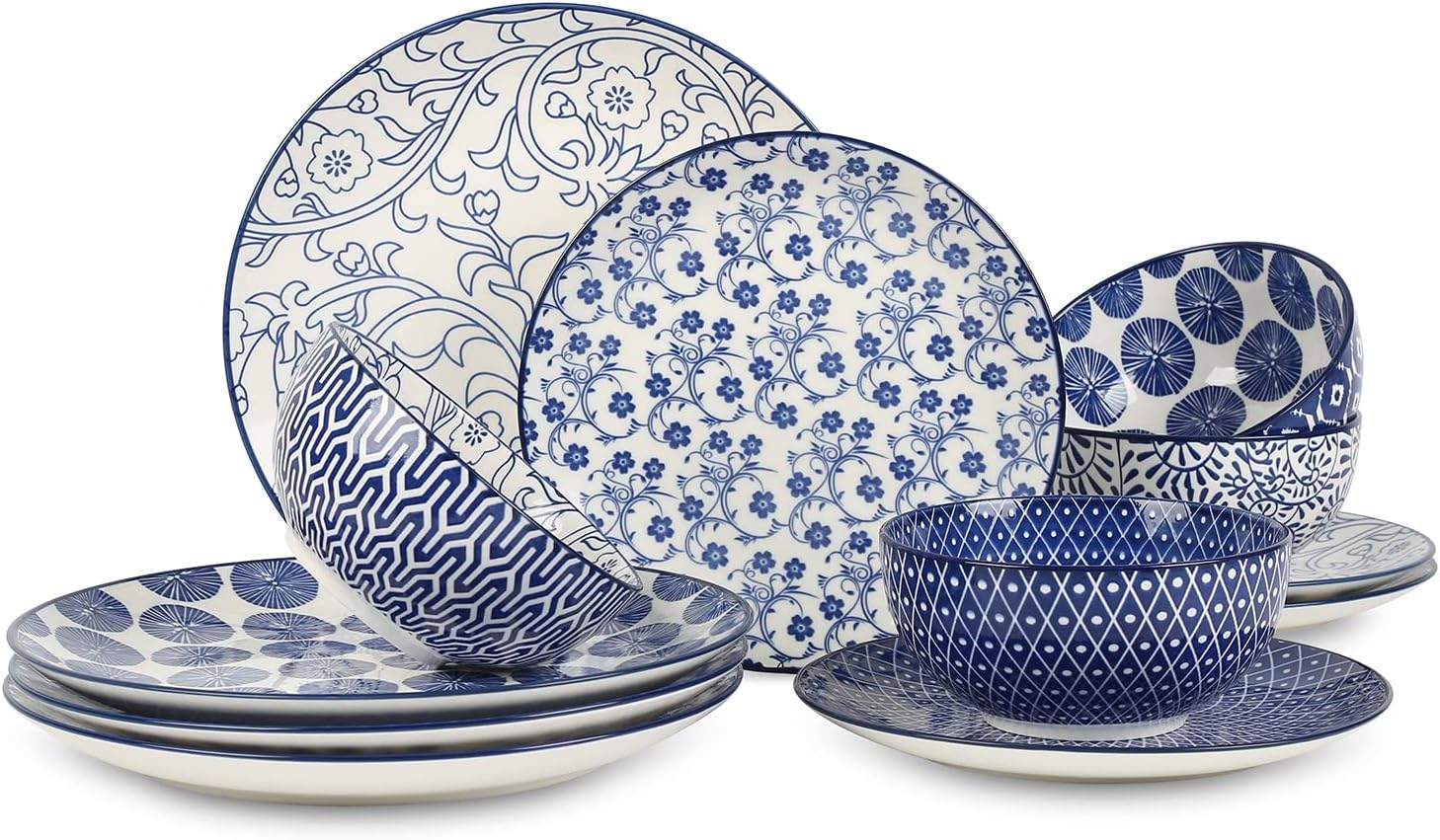 Selamica Ceramic 12-Pieces Dinnerware Sets, Ceramic Dish Plates and Bowls Sets,...