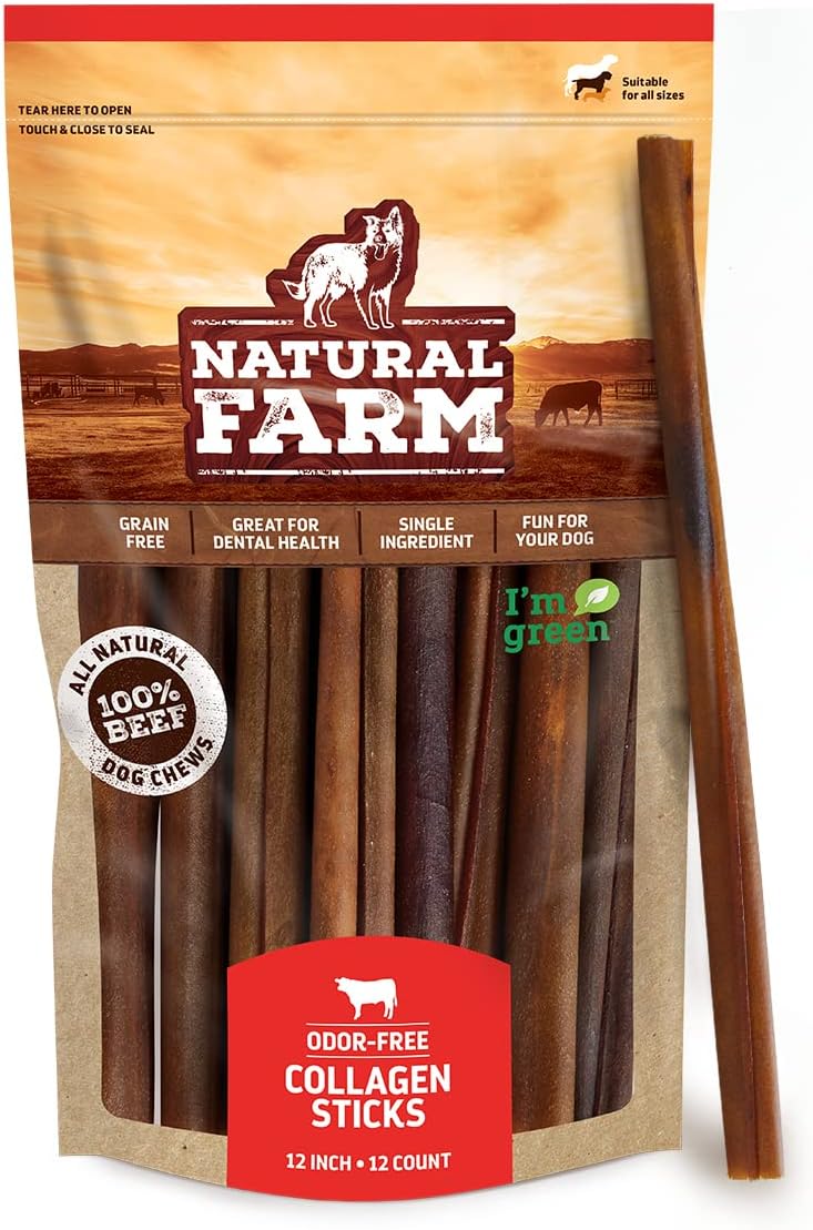 Natural Farm Odor-Free Collagen Dog Chews, (12-Inch, 12-Pack), Long Lasting Bull...