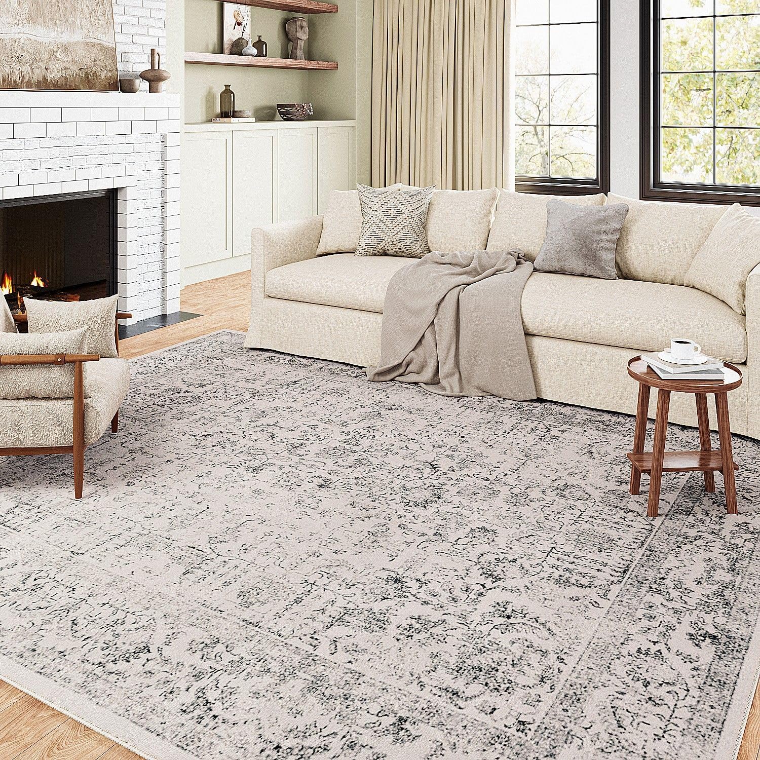 Grey Area Rug 8x10 Indoor Vintage Living Room Carpet Washable Distressed Rug Gra...