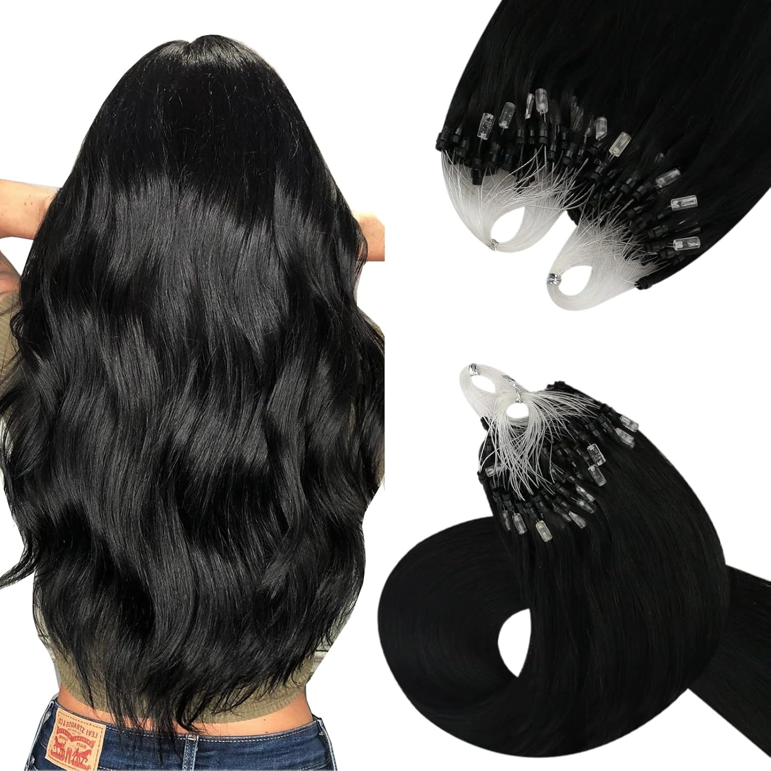 YoungSee Micro Hair Extensions Jet Black Micro Loop Hair Extensions Human Hair B...