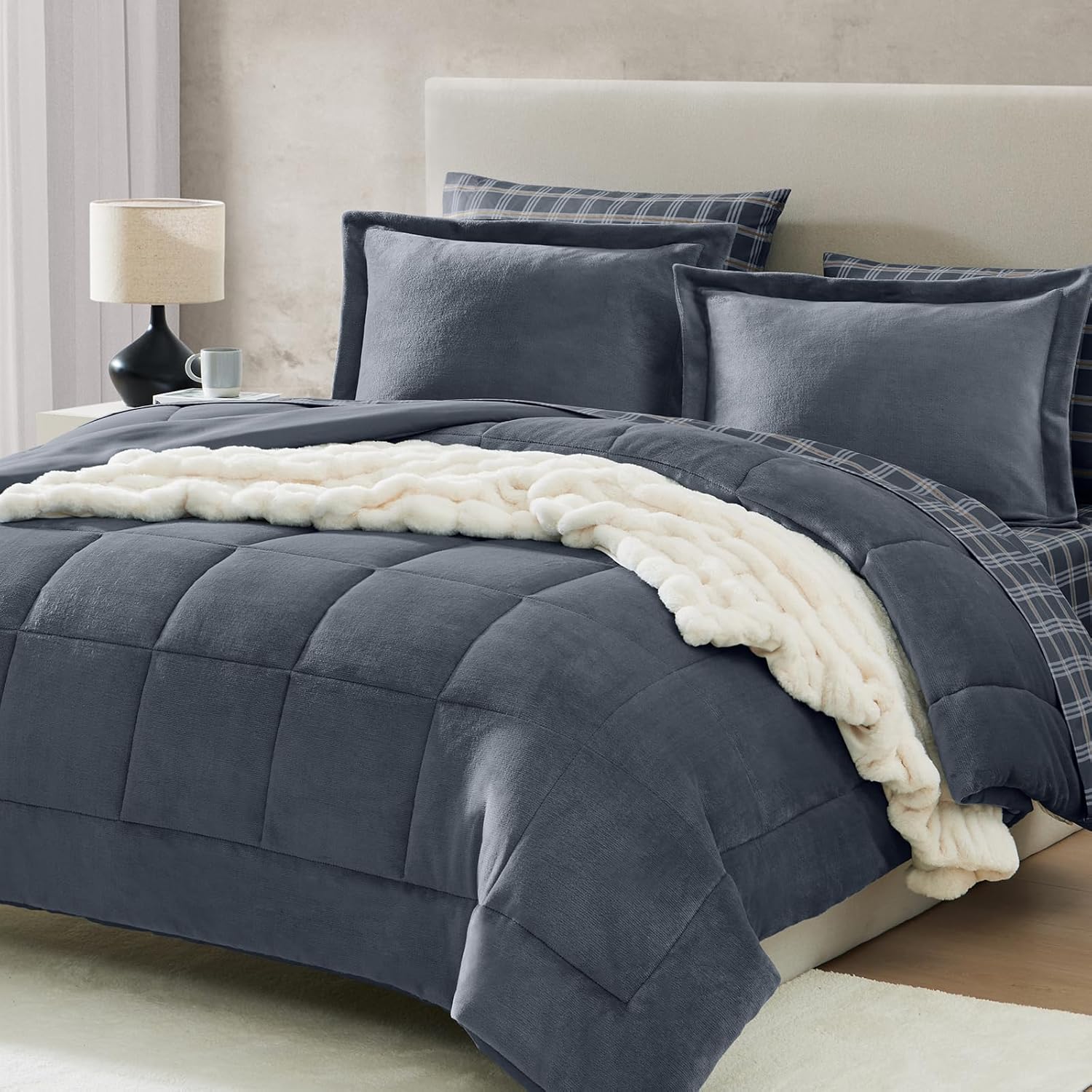 Fleece Queen Comforter Set-7 Pieces Bed in A Bag Queen,Blue Grey Plush Bedding C...