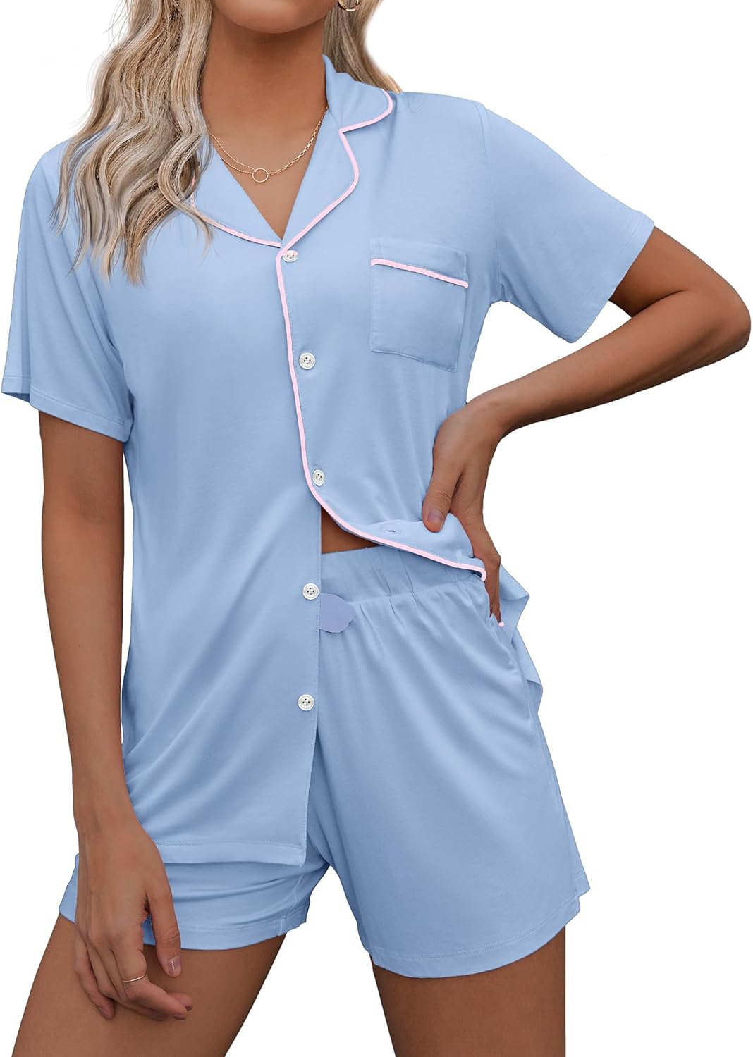 Ekouaer Pajamas Set for Women Short Sleeve Sleepwear Summer Button Down Nightwea...