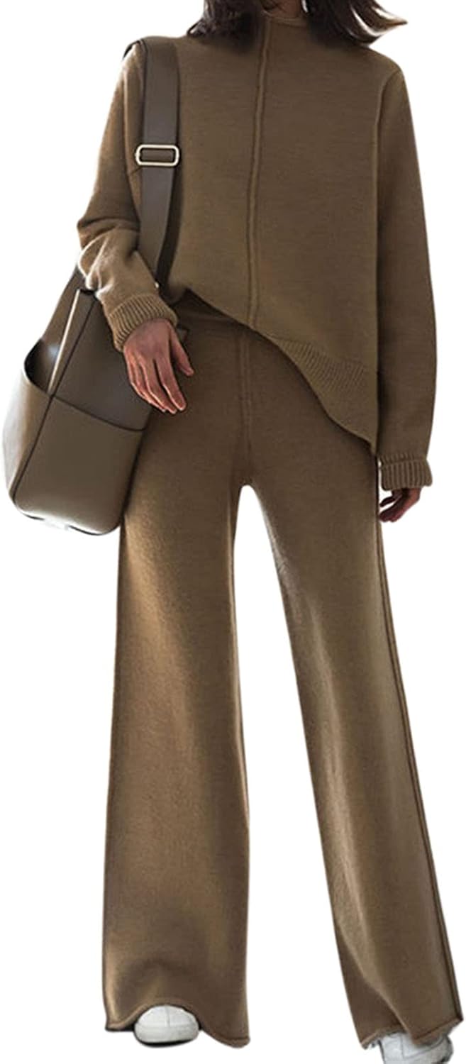 Fixmatti Women Knit Sweatsuit Turtleneck Sweater Top and Wide Leg Pant 2 Piece O...