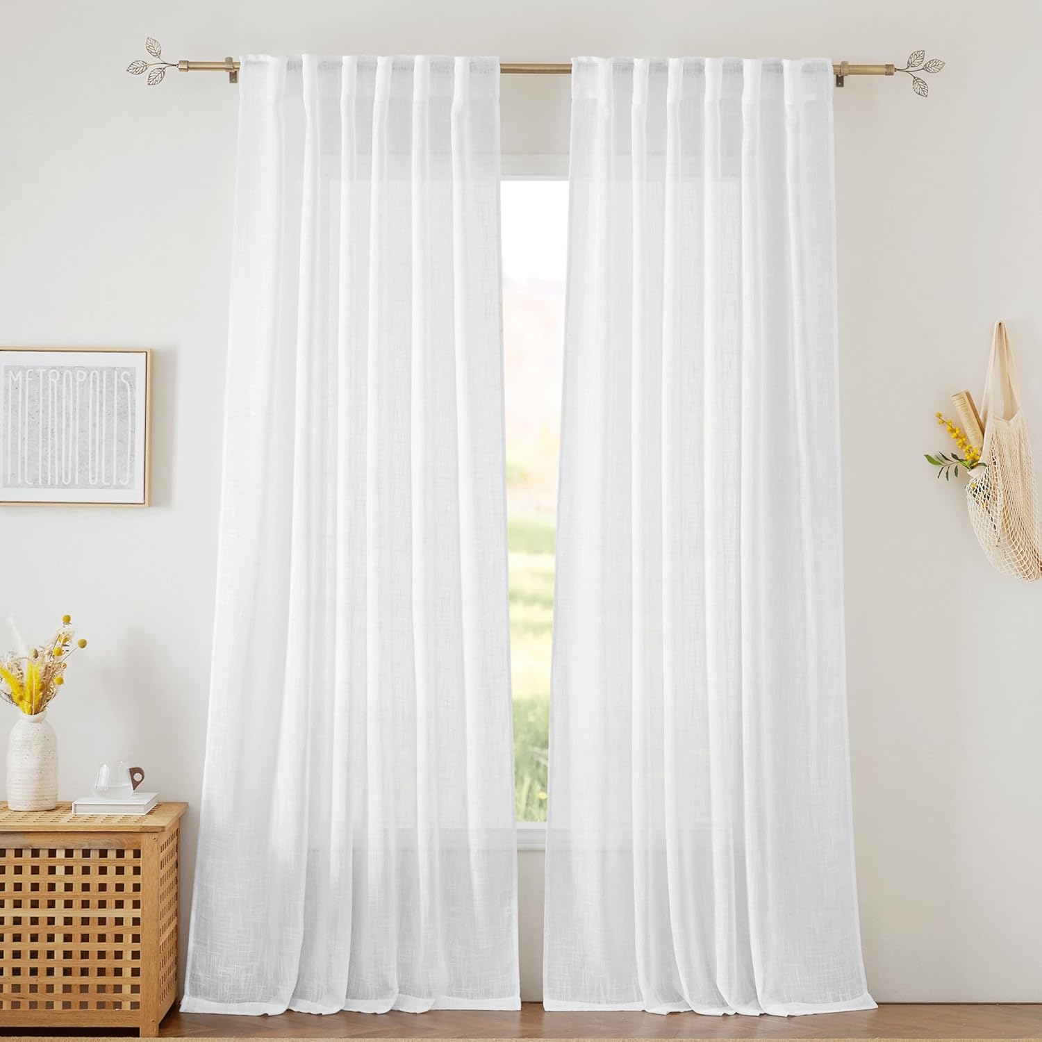 RYB HOME Linen Sheer Curtains for Living Room Textured Semi Sheer Curtains Large...