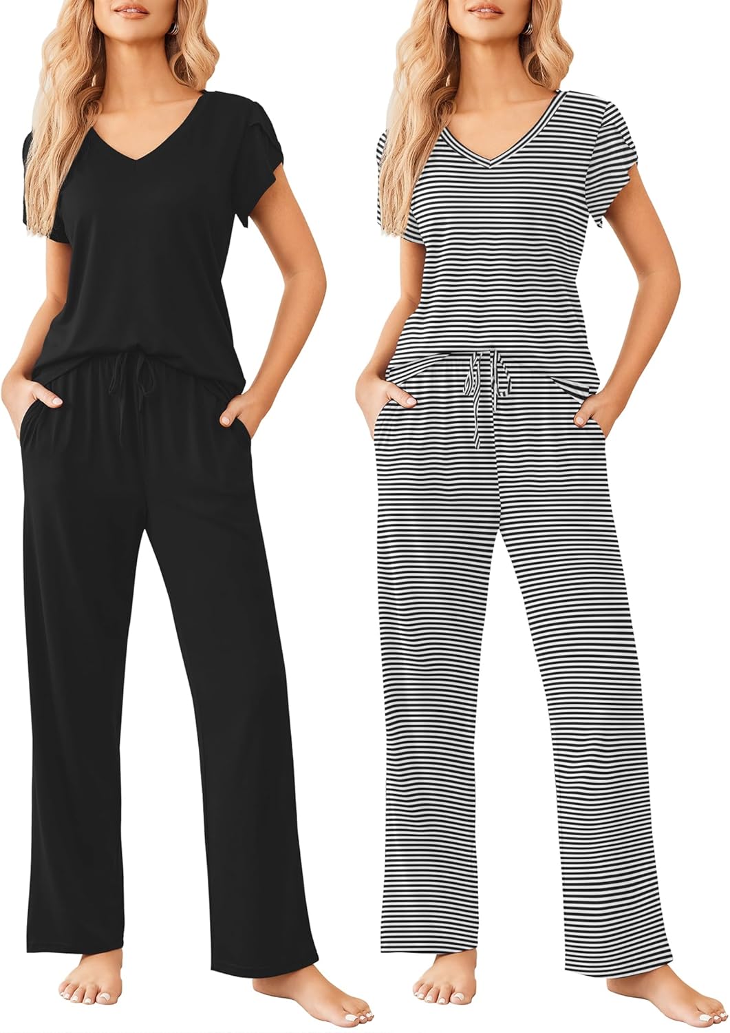 Ekouaer 2 Pack Womens Pajamas Short Sleeve Sleepwear Top with Pants Super-Soft P...