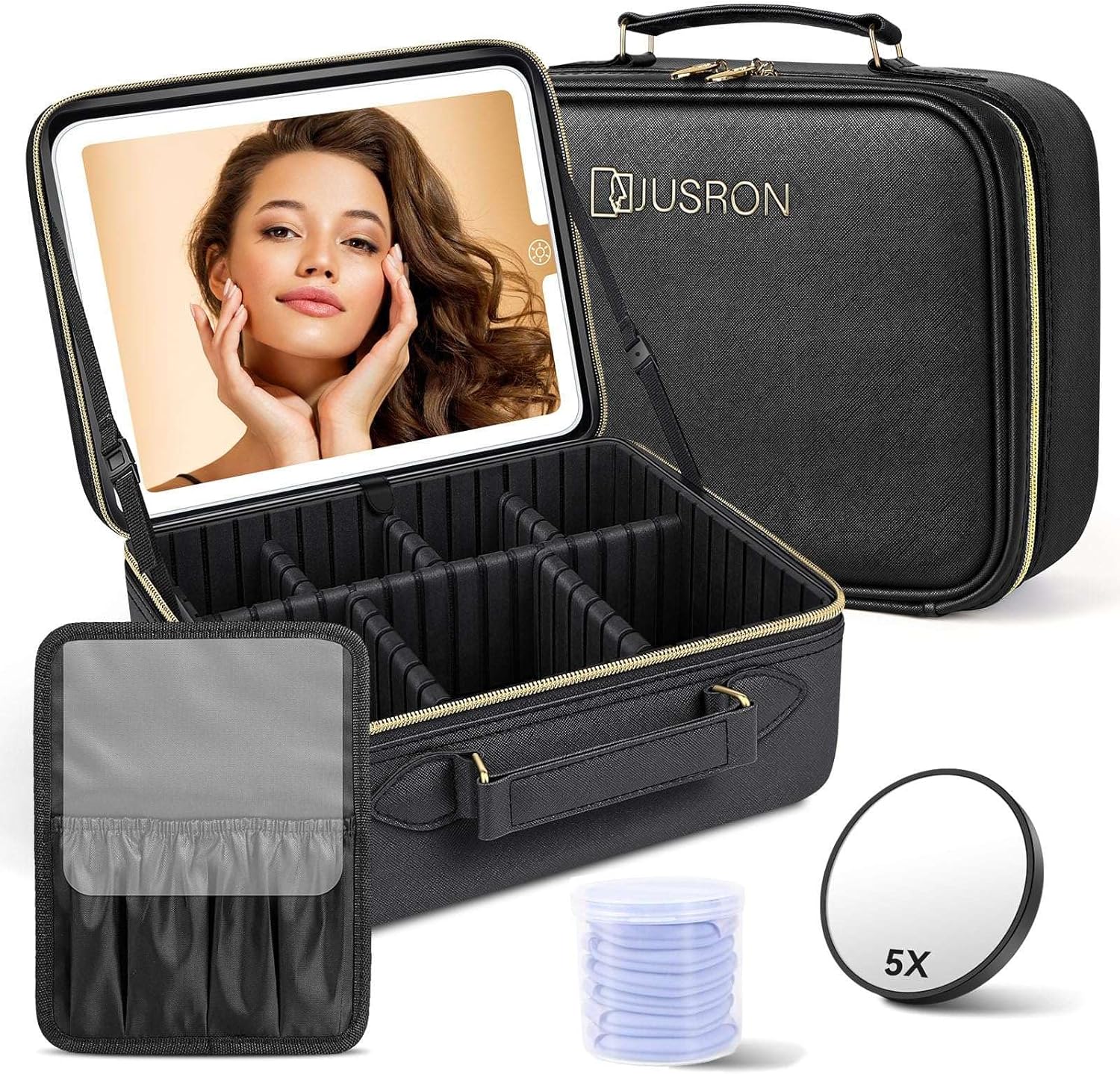 JUSRON Travel Makeup Bag with LED Mirror-3 Colors Modes, Portable Cosmetics Orga...