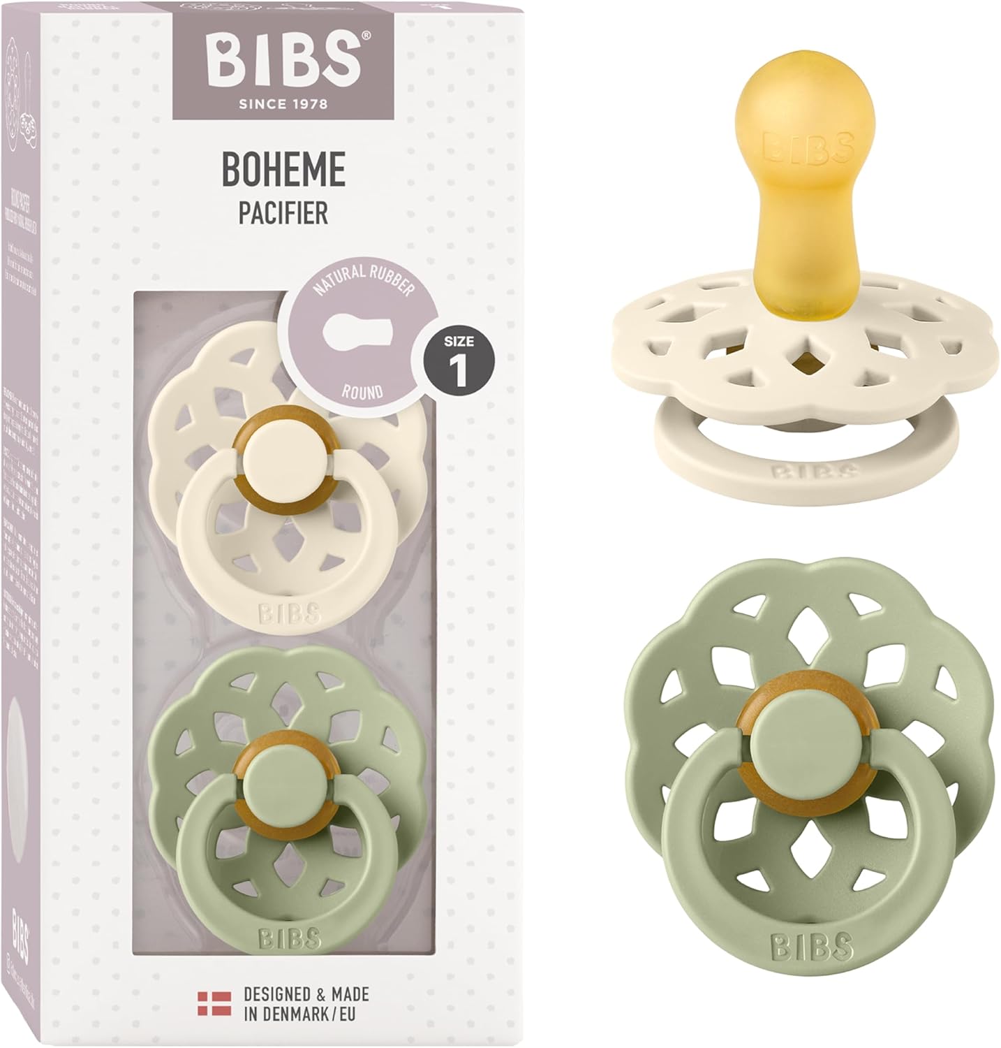 BIBS Boheme Soother 2-Pack. BPA Free. Round Nipple, Size 1 (0-6 Months), Ivory/S...