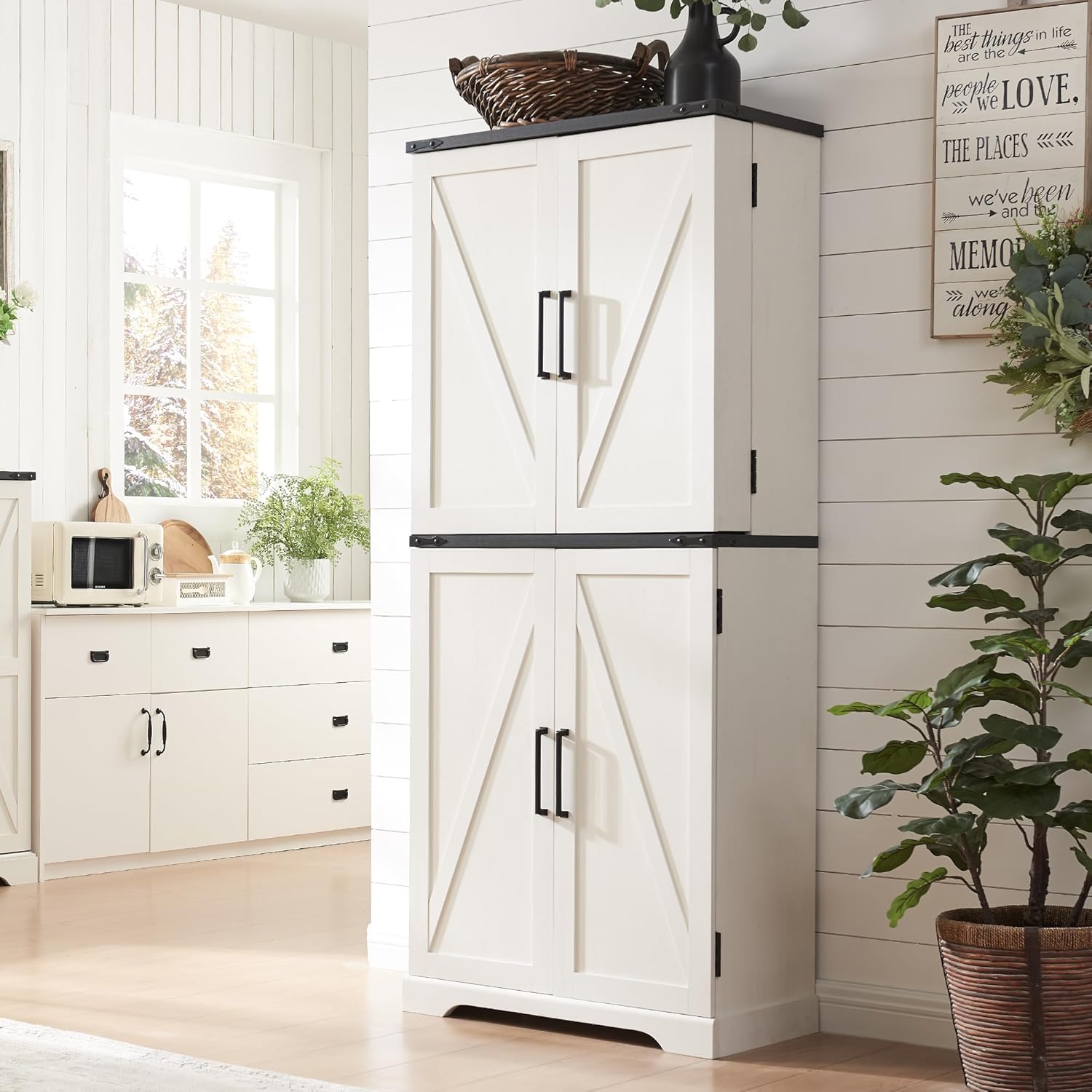 72" Tall Kitchen Pantry, Farmhouse Storage Cabinet with Barn Doors, Organizer, D...