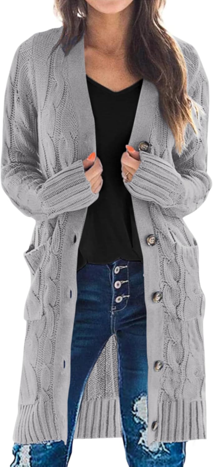 PRETTYGARDEN Long Sleeve Cable Knit Long Cardigan for Women 2024 Fall Winter Chu...