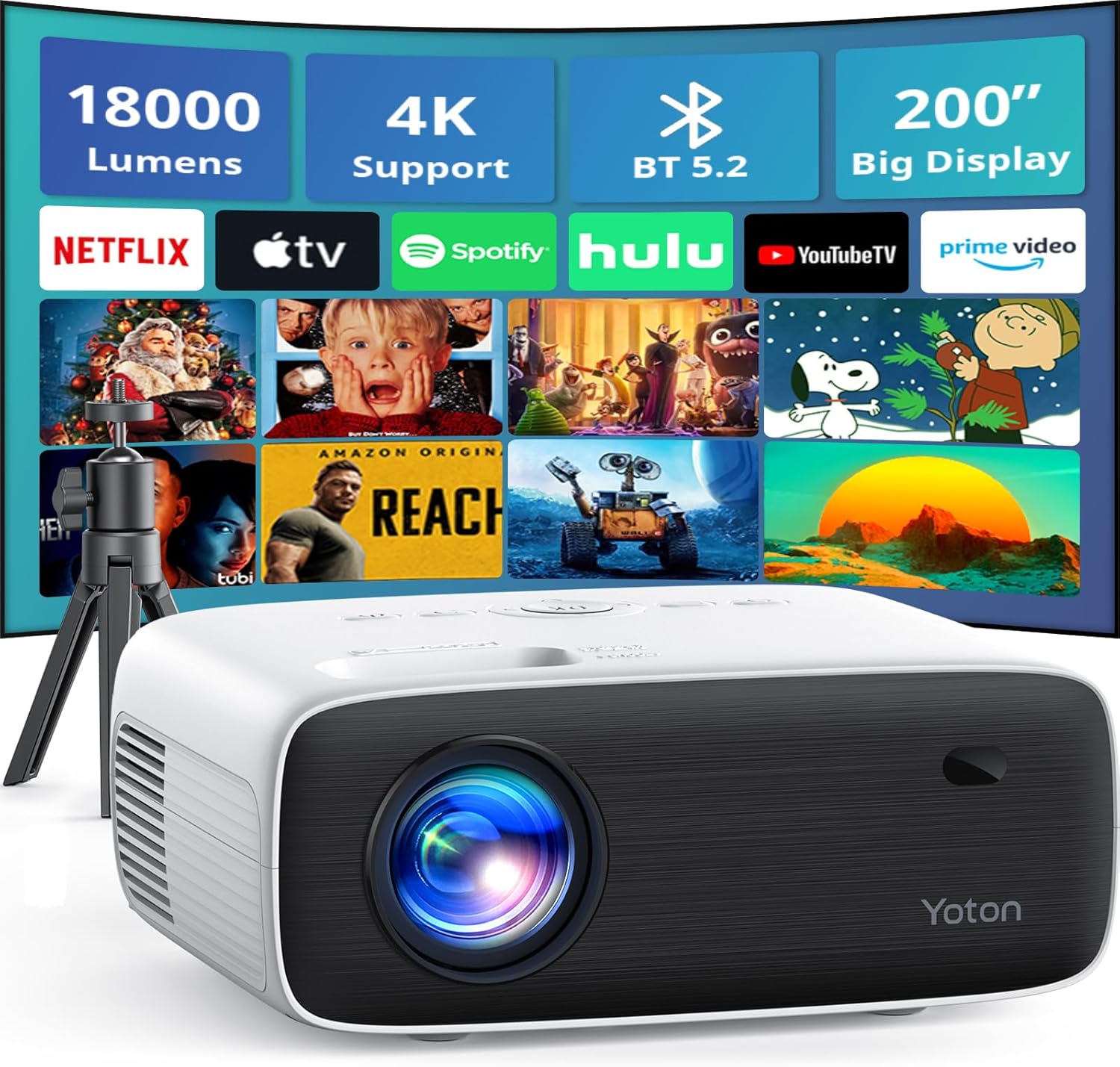 YOTON Y6 Bluetooth Projector 4K with Tripod, Projector Native 1080P 18000 Lumens...