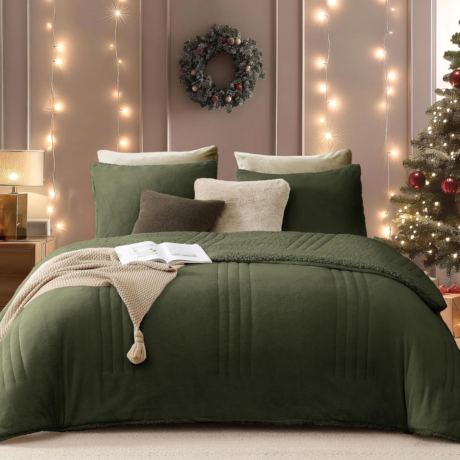 Monbix Fluffy Queen Comforter Set – 3 Piece Cozy Sherpa Comforter Queen Size Oli...