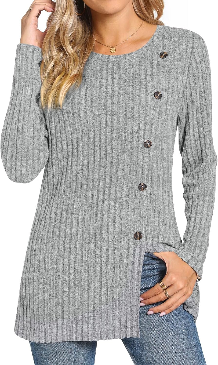 TAOHUADAO Women's Long Sleeve Jumpers Crewneck Tunic Tops with Button Sides Loos...