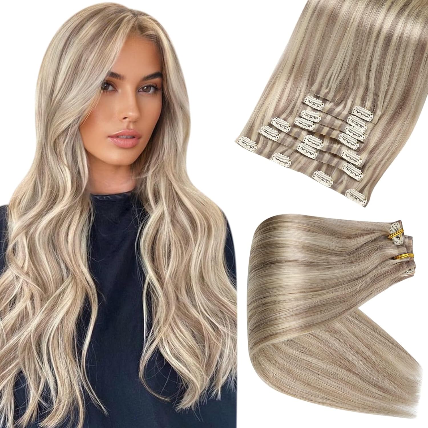 Full Shine Ash Blonde Clip in Extensions Human Hair 22 Inch Pu Weft Real Hair Cl...