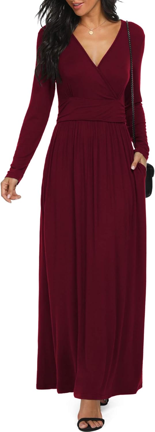 LILBETTER Women Long Sleeve Deep V Neck Loose Plain Long Maxi Casual Dress Wine...