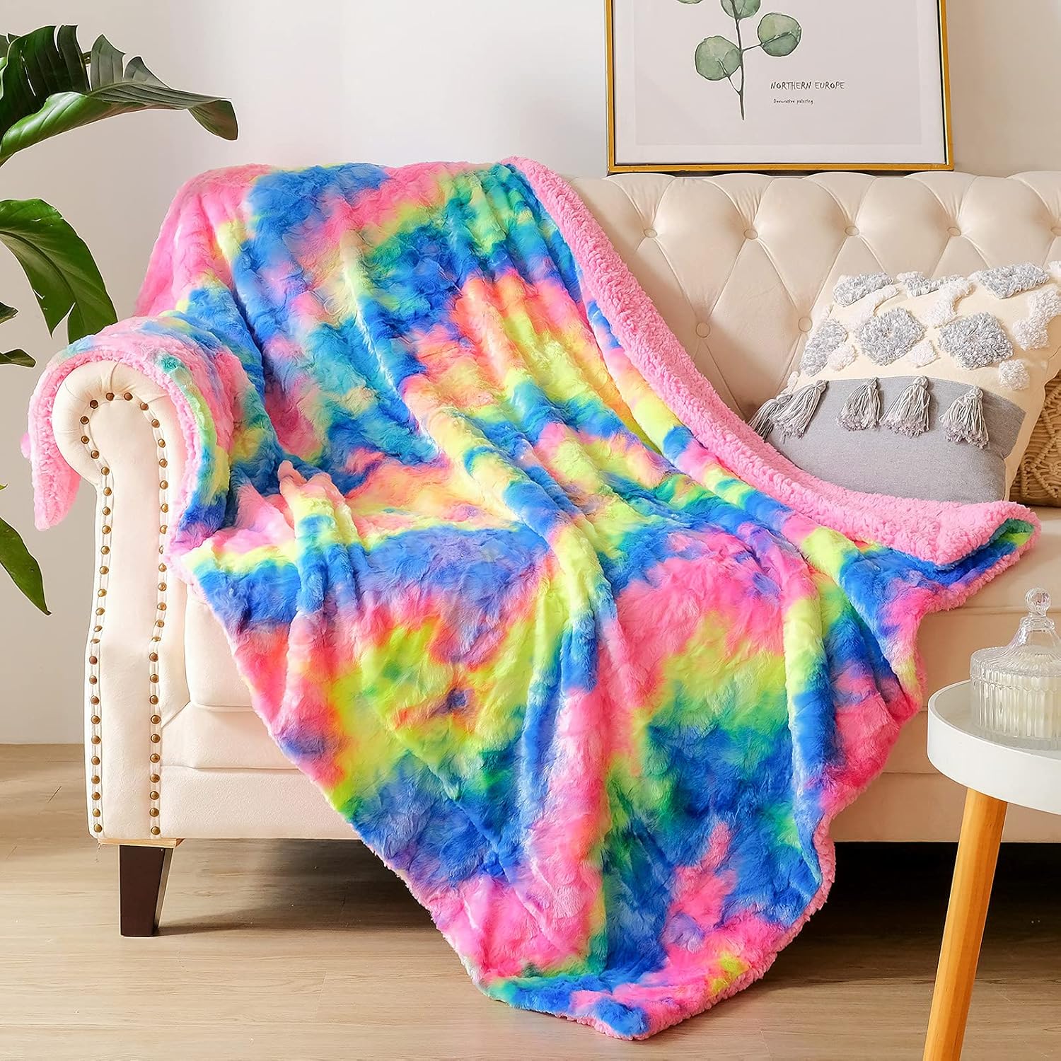 NEWCOSPLAY Fuzzy Faux Fur Throw Blanket for Couch Pink Blue Yellow Sherpa Fuzzy...