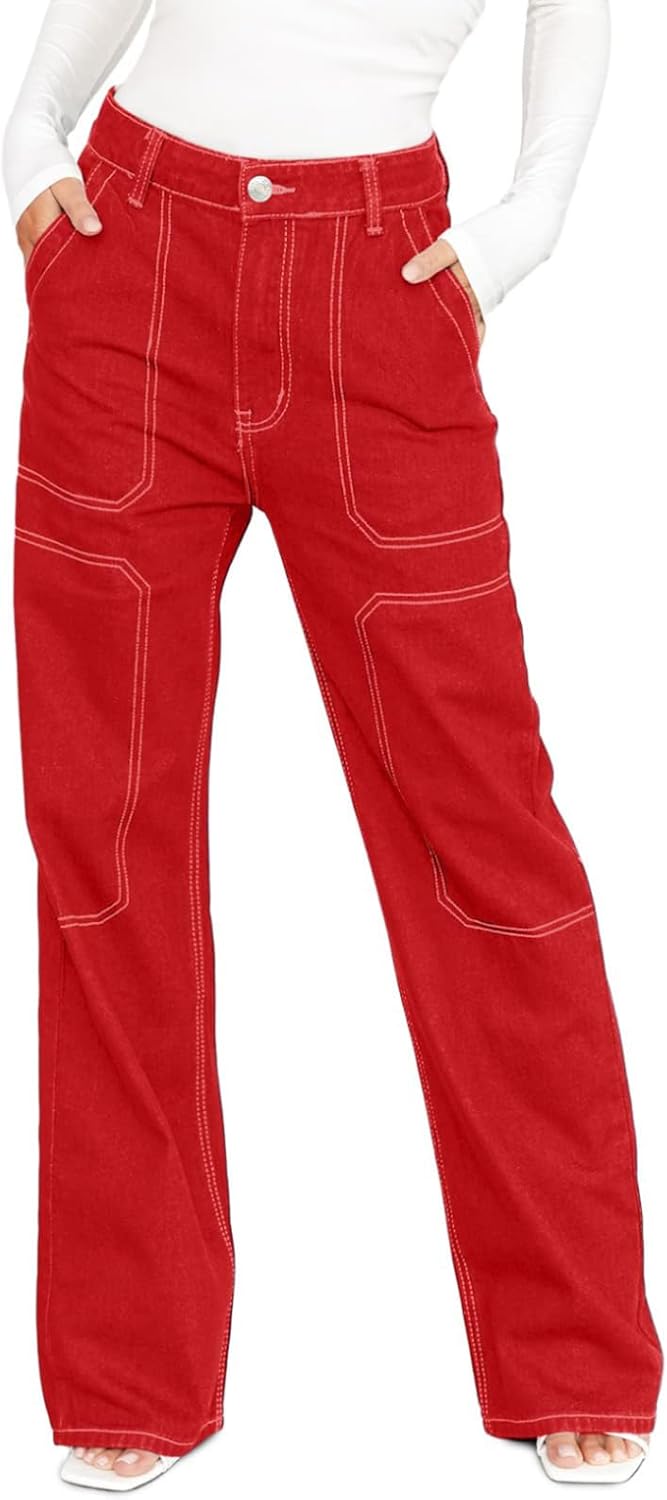 Dokotoo Women's Casual Mid Waist Cargo Jeans Stretch Wide Leg Denim Pants with P...