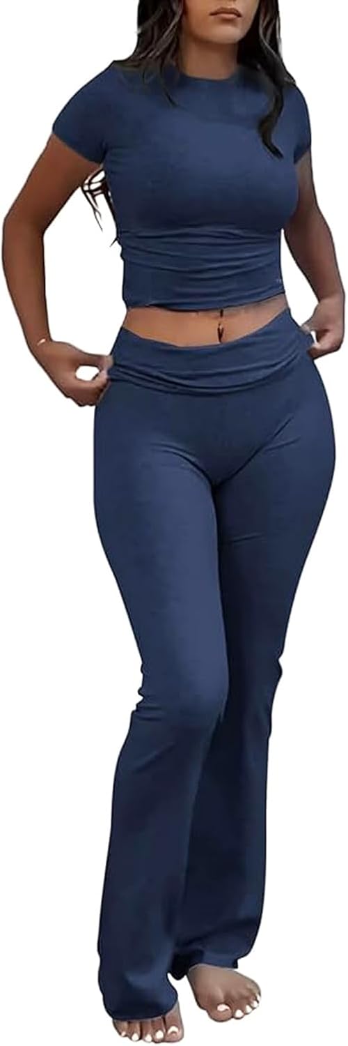 Women's 2 Piece Lounge Outfits Slim Short Sleeve Tops Low Rise Flare Leggings Se...