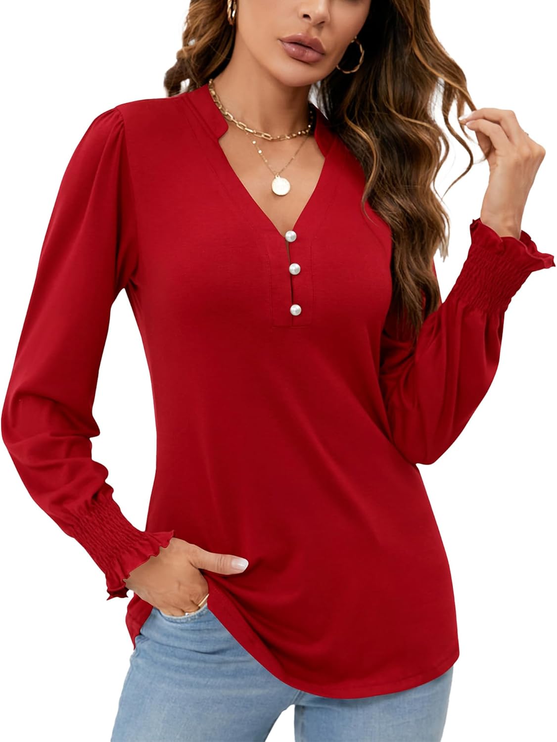 Rapbin Womens V Neck Puff Long Sleeve Button Down Tunic Blouses Fall Tops 2024 R...