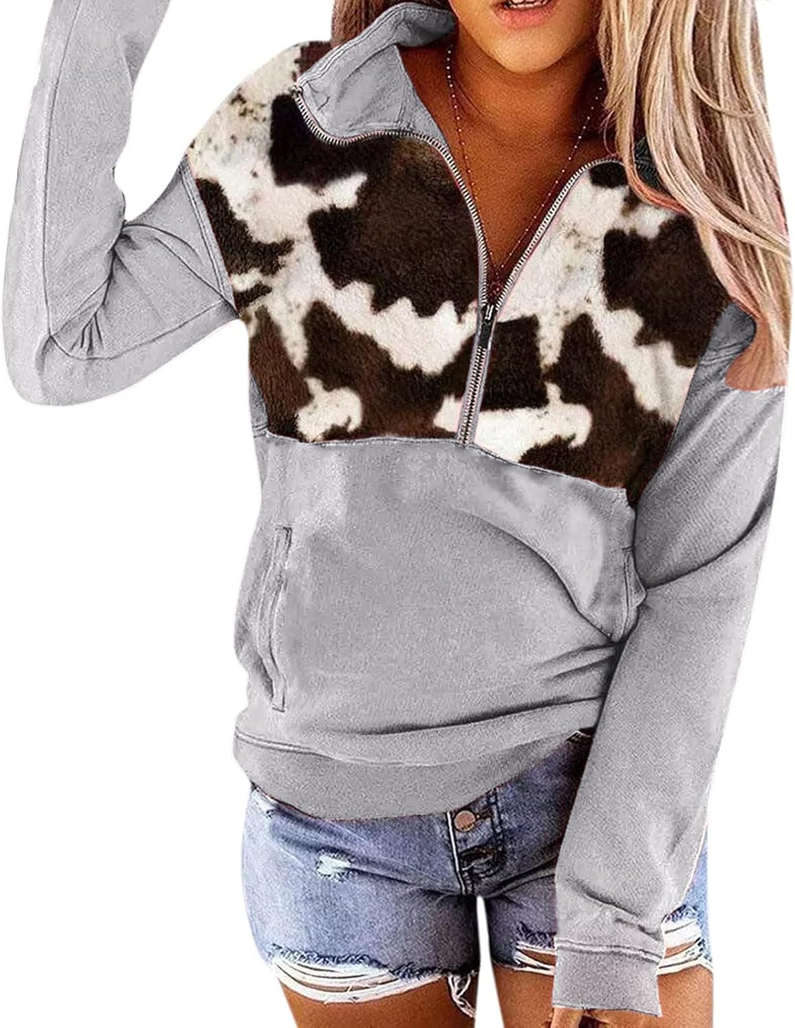 LEMAFER Women's 2024 Casual Aztec Cow Print Zipper Collar Pullover Sweatshirt We...