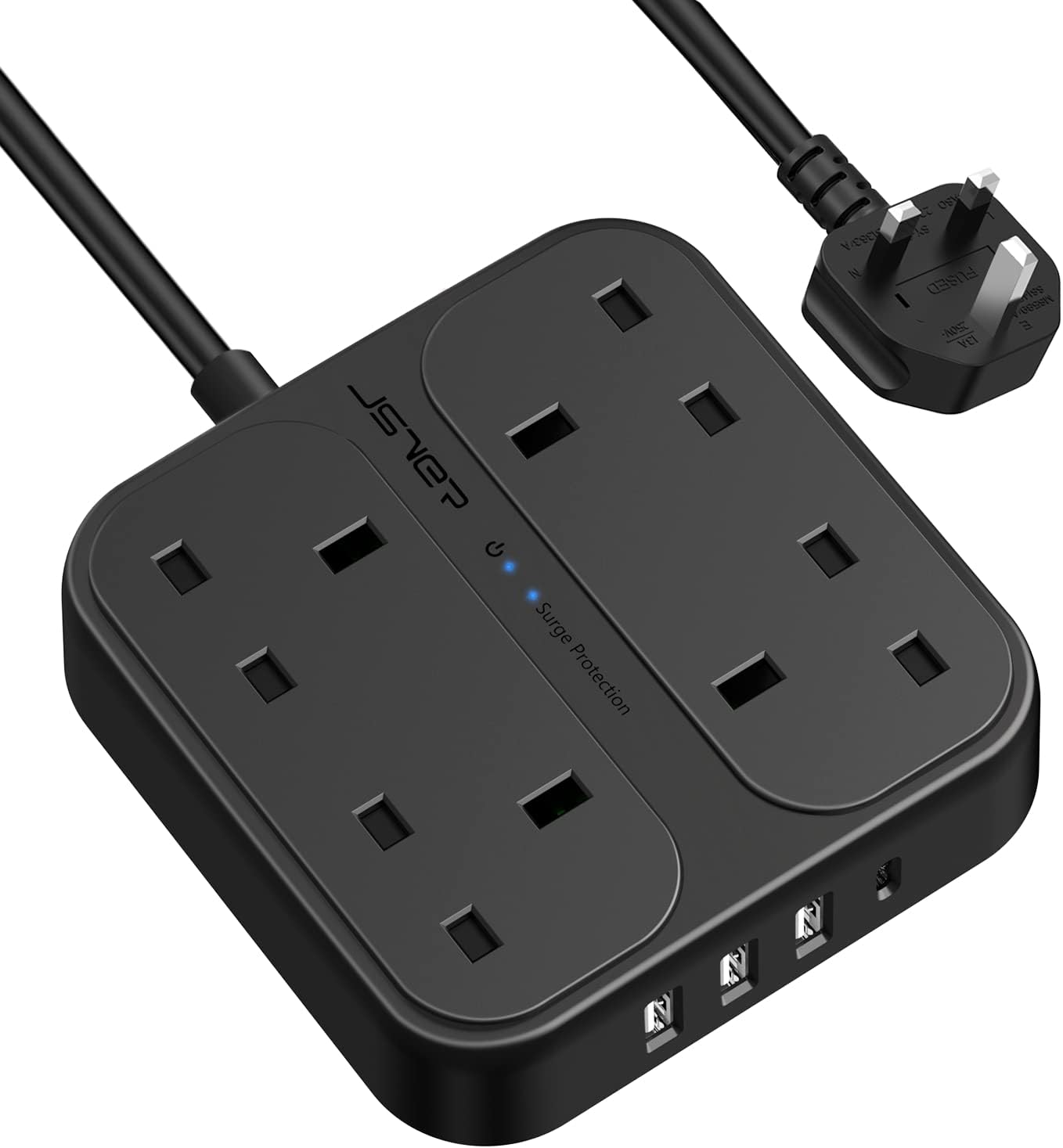 Extension Lead with USB Ports,JSVER 4 Outlets Power Strip with 1 USB-C and 3 USB...