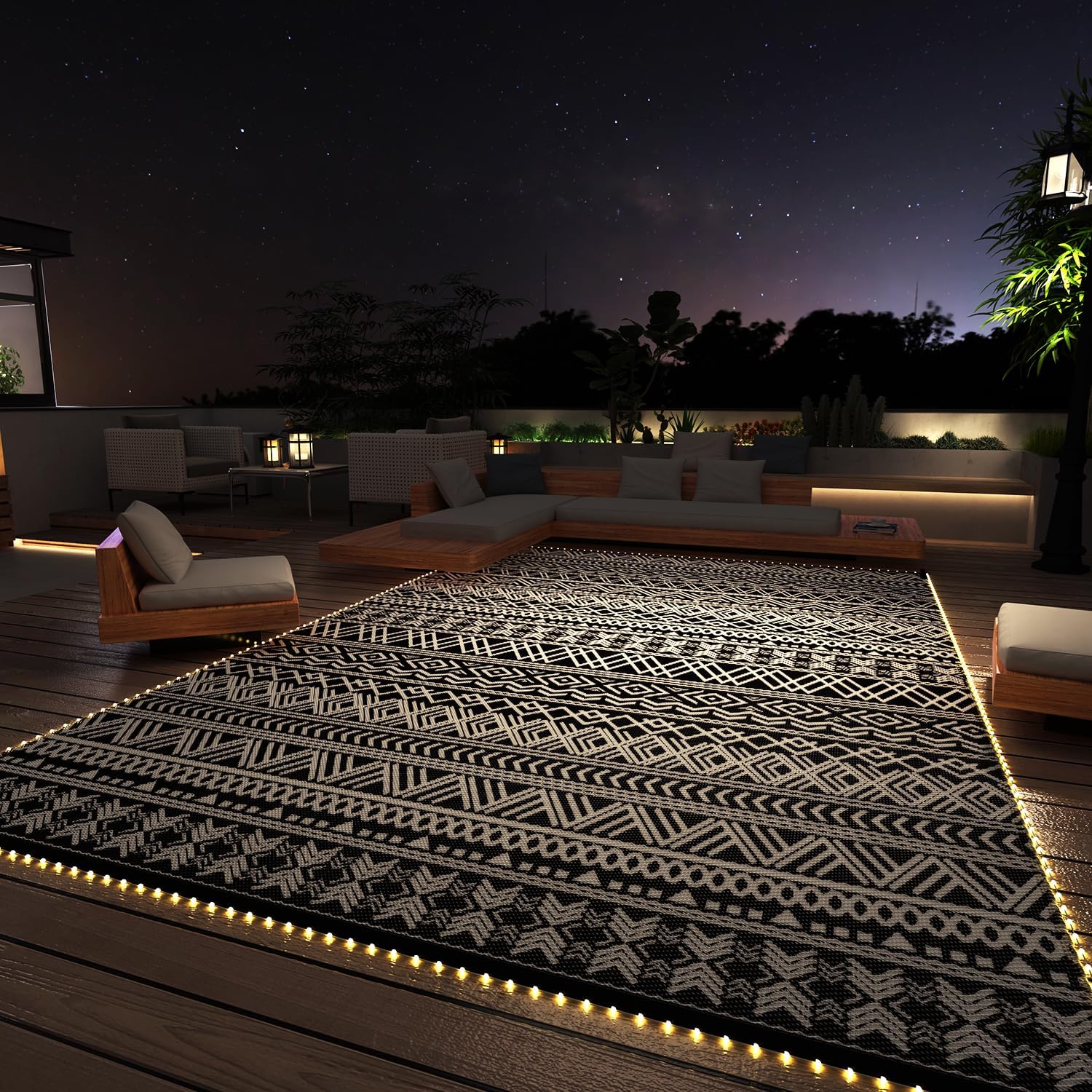 MontVoo-Outdoor Rug Carpet 9x12 ft for Patio RV Camping with Led Strip Lights Wa...